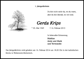Anzeige von Gerda Krips von Kölner Stadt-Anzeiger / Kölnische Rundschau / Express