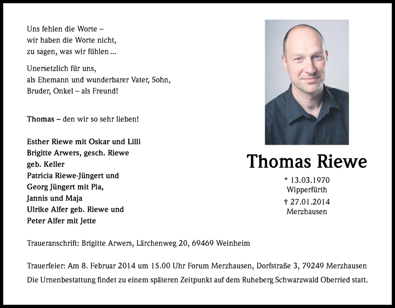  Traueranzeige für Thomas Riewe vom 01.02.2014 aus Kölner Stadt-Anzeiger / Kölnische Rundschau / Express