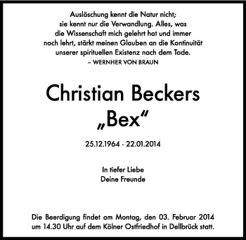Anzeige von Christian Beckers von Kölner Stadt-Anzeiger / Kölnische Rundschau / Express