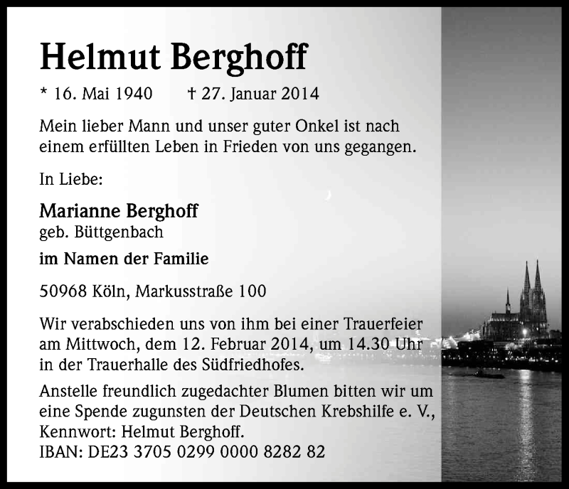 Traueranzeige für Helmut Berghoff vom 01.02.2014 aus Kölner Stadt-Anzeiger / Kölnische Rundschau / Express