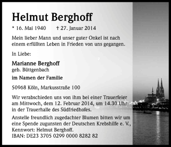Anzeige von Helmut Berghoff von Kölner Stadt-Anzeiger / Kölnische Rundschau / Express