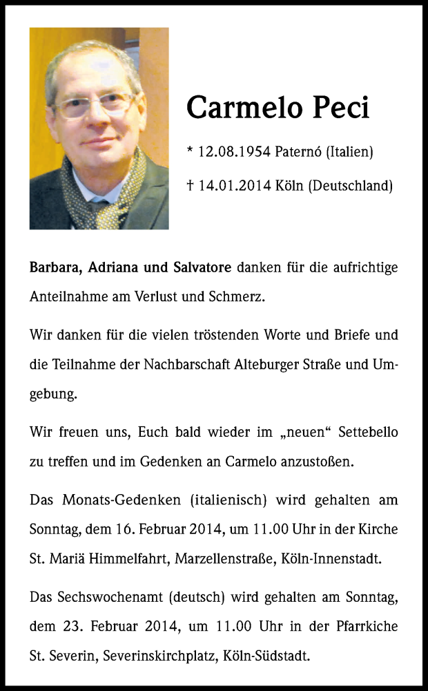  Traueranzeige für Carmelo Peci vom 08.02.2014 aus Kölner Stadt-Anzeiger / Kölnische Rundschau / Express