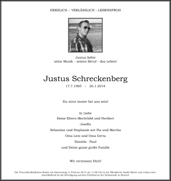 Anzeige von Justus Schreckenberg von Kölner Stadt-Anzeiger / Kölnische Rundschau / Express