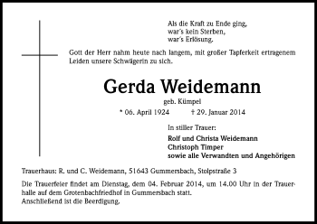 Anzeige von Gerda Weidemann von Kölner Stadt-Anzeiger / Kölnische Rundschau / Express