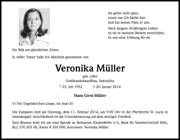Anzeige von Veronika Müller von Kölner Stadt-Anzeiger / Kölnische Rundschau / Express