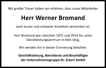 Anzeige von Werner Bromand von Kölner Stadt-Anzeiger / Kölnische Rundschau / Express