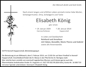 Anzeige von Elisabeth König von Kölner Stadt-Anzeiger / Kölnische Rundschau / Express