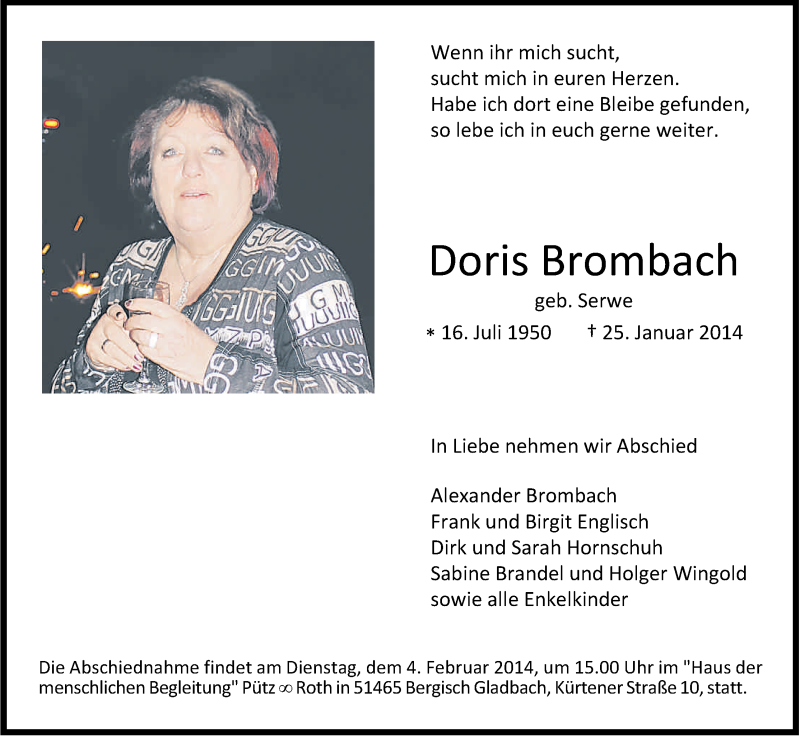 Traueranzeige für Doris Brombach vom 01.02.2014 aus Kölner Stadt-Anzeiger / Kölnische Rundschau / Express