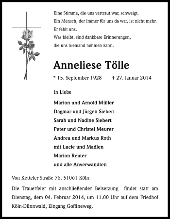 Anzeige von Anneliese Tölle von Kölner Stadt-Anzeiger / Kölnische Rundschau / Express
