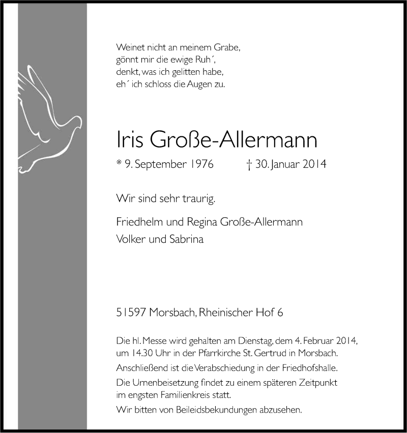  Traueranzeige für Iris Große-Allermann vom 01.02.2014 aus Kölner Stadt-Anzeiger / Kölnische Rundschau / Express
