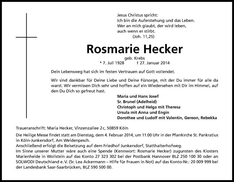  Traueranzeige für Rosmarie Hecker vom 01.02.2014 aus Kölner Stadt-Anzeiger / Kölnische Rundschau / Express