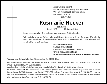 Anzeige von Rosmarie Hecker von Kölner Stadt-Anzeiger / Kölnische Rundschau / Express