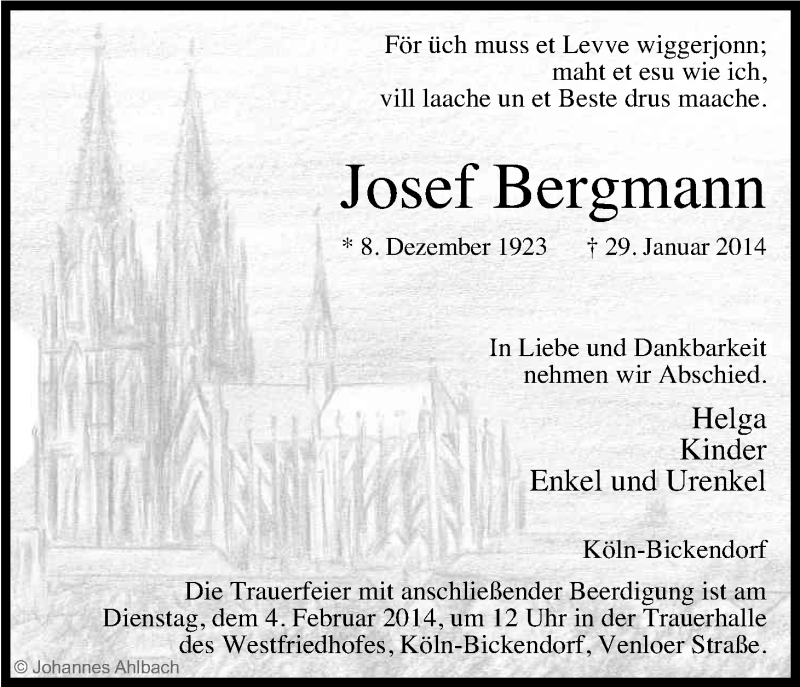  Traueranzeige für Josef Bergmann vom 01.02.2014 aus Kölner Stadt-Anzeiger / Kölnische Rundschau / Express