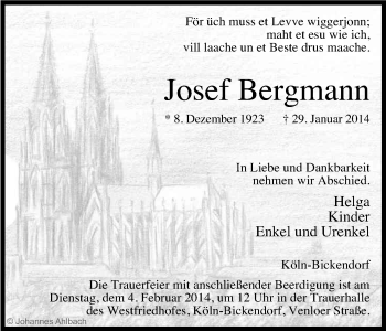 Anzeige von Josef Bergmann von Kölner Stadt-Anzeiger / Kölnische Rundschau / Express
