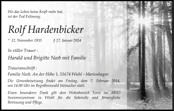 Anzeige von Rolf Hardenbicker von Kölner Stadt-Anzeiger / Kölnische Rundschau / Express