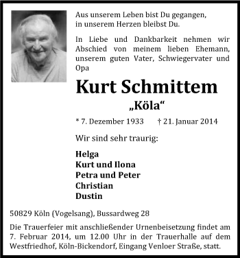 Anzeige von Kurt Schmittem von Kölner Stadt-Anzeiger / Kölnische Rundschau / Express