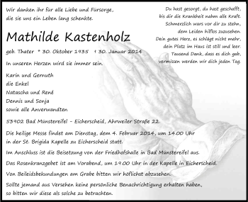 Anzeige von Mathilde Kastenholz von Kölner Stadt-Anzeiger / Kölnische Rundschau / Express