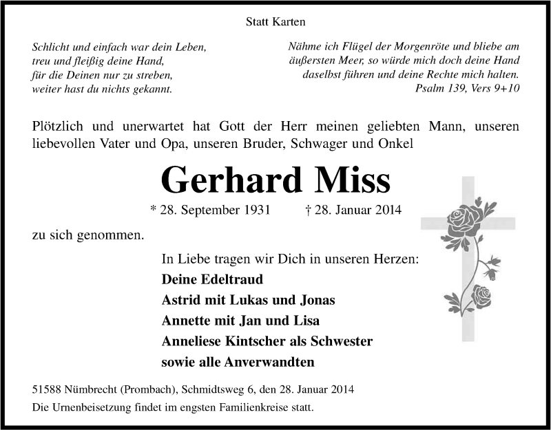  Traueranzeige für Gerhard Miss vom 01.02.2014 aus Kölner Stadt-Anzeiger / Kölnische Rundschau / Express