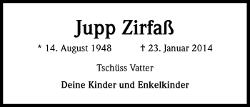 Anzeige von Jupp Zirfaß von Kölner Stadt-Anzeiger / Kölnische Rundschau / Express