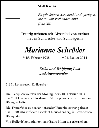 Anzeige von Marianne Schröder von Kölner Stadt-Anzeiger / Kölnische Rundschau / Express