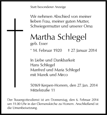 Anzeige von Martha Schlegel von Kölner Stadt-Anzeiger / Kölnische Rundschau / Express