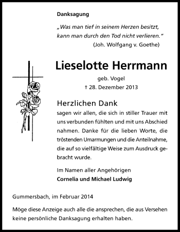 Anzeige von Lieselotte Herrmann von Kölner Stadt-Anzeiger / Kölnische Rundschau / Express