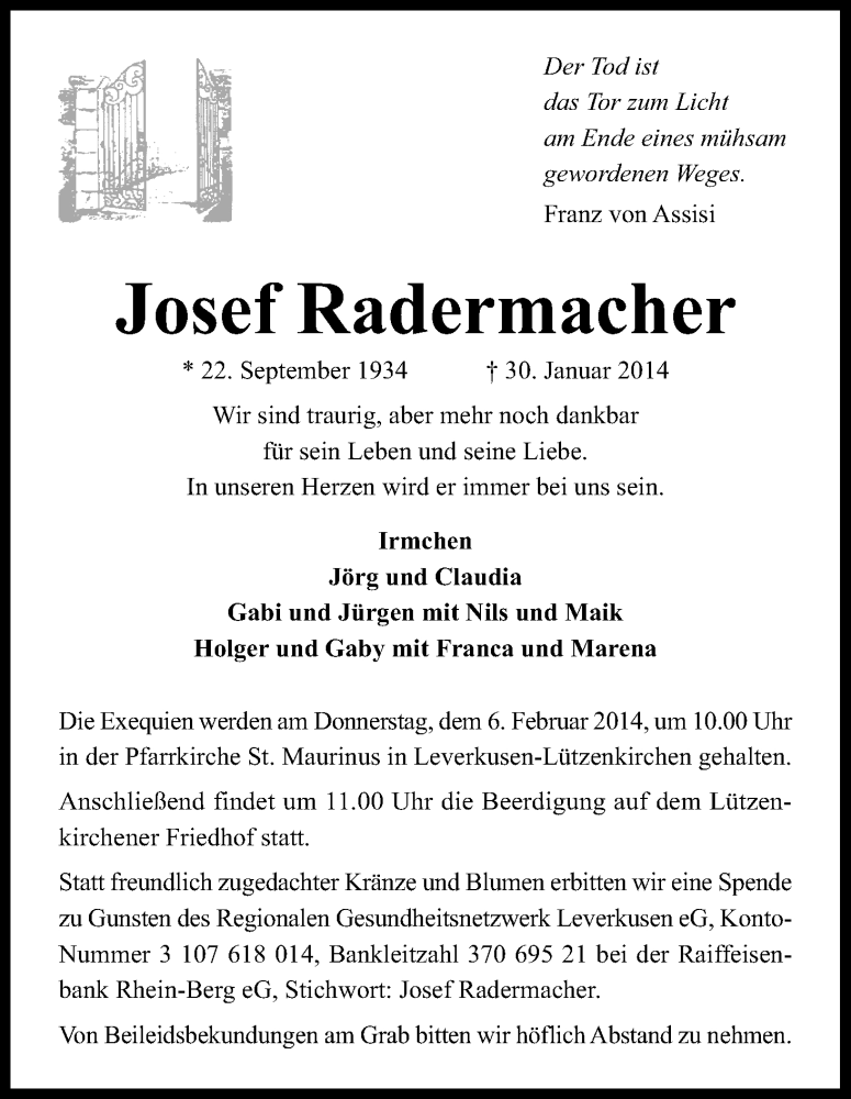  Traueranzeige für Josef Radermacher vom 01.02.2014 aus Kölner Stadt-Anzeiger / Kölnische Rundschau / Express