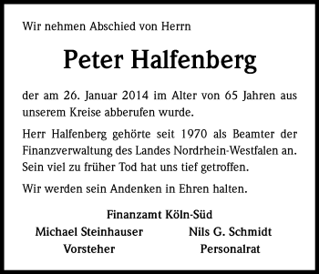 Anzeige von Peter Halfenberg von Kölner Stadt-Anzeiger / Kölnische Rundschau / Express