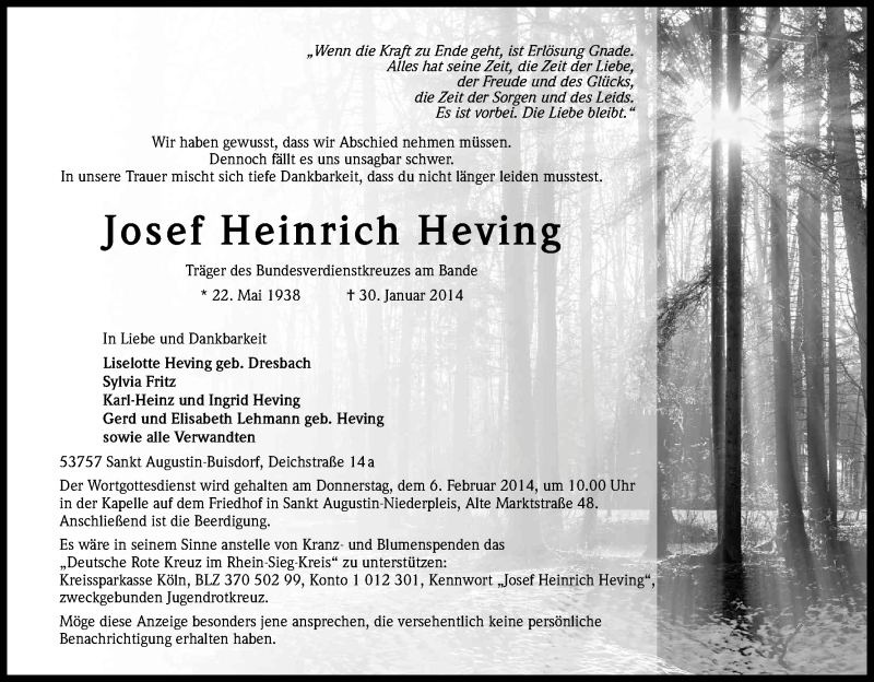  Traueranzeige für Josef Heinrich Herving vom 01.02.2014 aus Kölner Stadt-Anzeiger / Kölnische Rundschau / Express