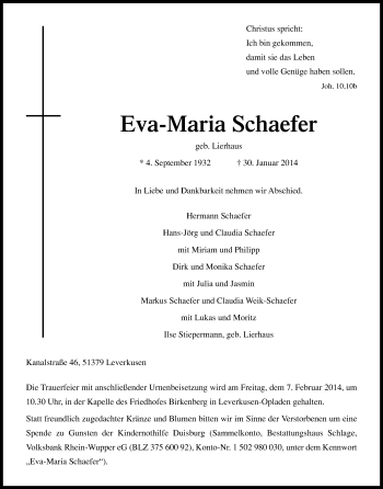 Anzeige von Eva-Maria Schäfer von Kölner Stadt-Anzeiger / Kölnische Rundschau / Express