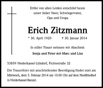 Anzeige von Erich Zitzmann von Kölner Stadt-Anzeiger / Kölnische Rundschau / Express