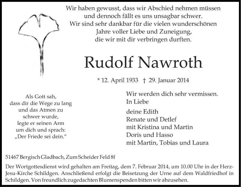  Traueranzeige für Rudolf Nawroth vom 01.02.2014 aus Kölner Stadt-Anzeiger / Kölnische Rundschau / Express