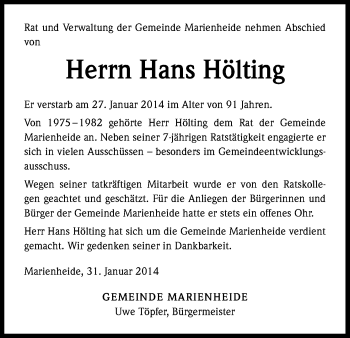 Anzeige von Hans Hölting von Kölner Stadt-Anzeiger / Kölnische Rundschau / Express