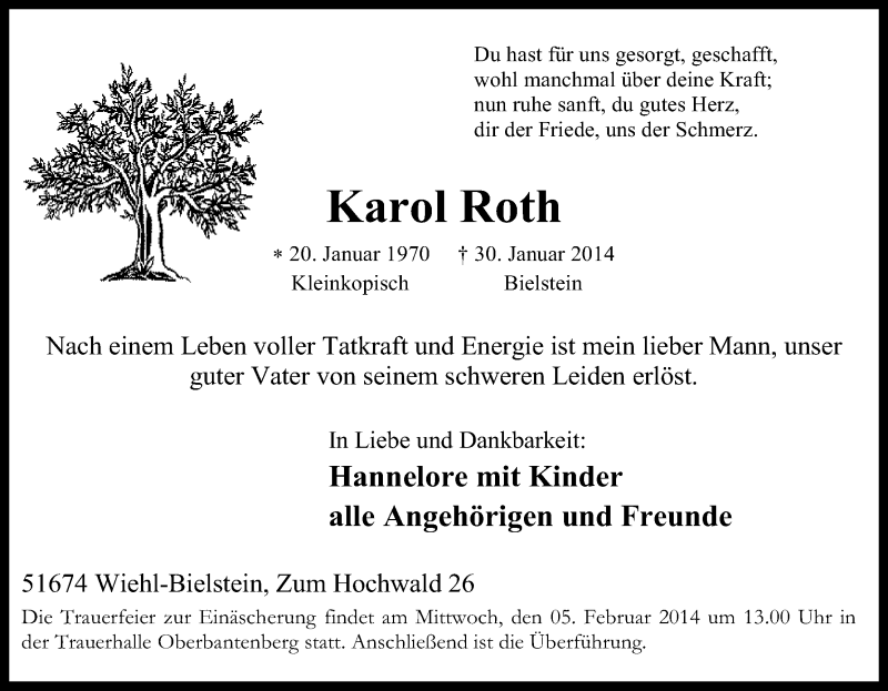  Traueranzeige für Karol Roth vom 01.02.2014 aus Kölner Stadt-Anzeiger / Kölnische Rundschau / Express
