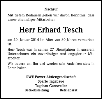Anzeige von Erhard Tesch von Kölner Stadt-Anzeiger / Kölnische Rundschau / Express