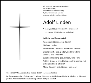 Anzeige von Adolf Linden von Kölner Stadt-Anzeiger / Kölnische Rundschau / Express