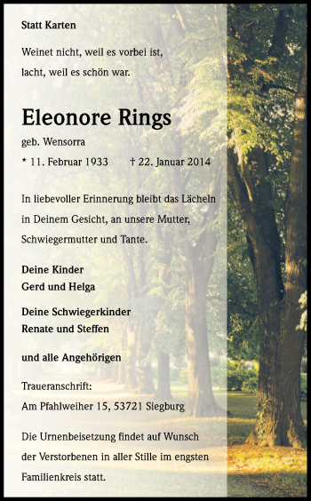 Anzeige von Eleonore Rings von Kölner Stadt-Anzeiger / Kölnische Rundschau / Express