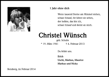 Anzeige von Christel Wünsch von Kölner Stadt-Anzeiger / Kölnische Rundschau / Express