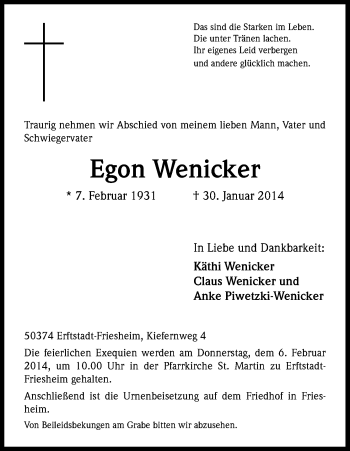 Anzeige von Egon Wenicker von Kölner Stadt-Anzeiger / Kölnische Rundschau / Express