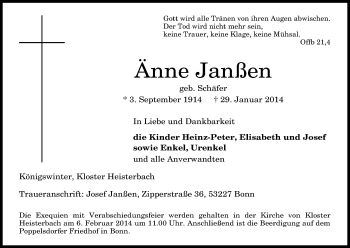 Anzeige von Änne Janßen von Kölner Stadt-Anzeiger / Kölnische Rundschau / Express