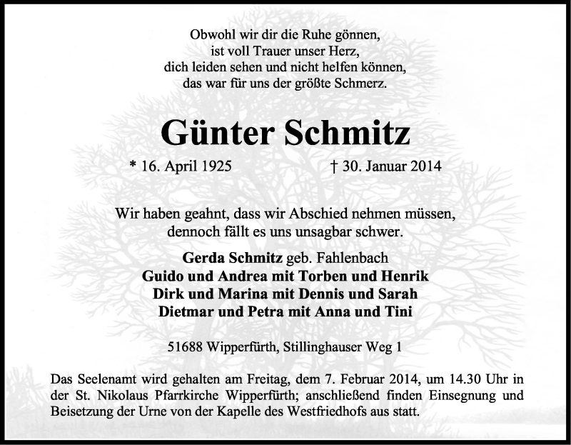  Traueranzeige für Günter Schmitz vom 01.02.2014 aus Kölner Stadt-Anzeiger / Kölnische Rundschau / Express