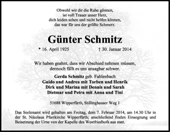 Anzeige von Günter Schmitz von Kölner Stadt-Anzeiger / Kölnische Rundschau / Express