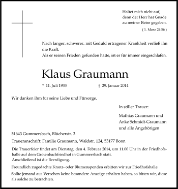 Anzeige von Klaus Graumann von Kölner Stadt-Anzeiger / Kölnische Rundschau / Express