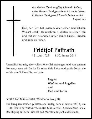 Anzeige von Fridtjof Paffrath von Kölner Stadt-Anzeiger / Kölnische Rundschau / Express