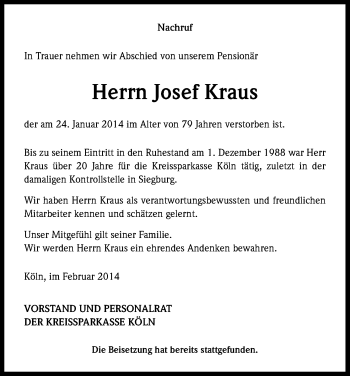Anzeige von Josef Kraus von Kölner Stadt-Anzeiger / Kölnische Rundschau / Express