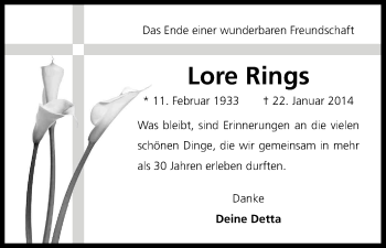 Anzeige von Eleonore Rings von Kölner Stadt-Anzeiger / Kölnische Rundschau / Express