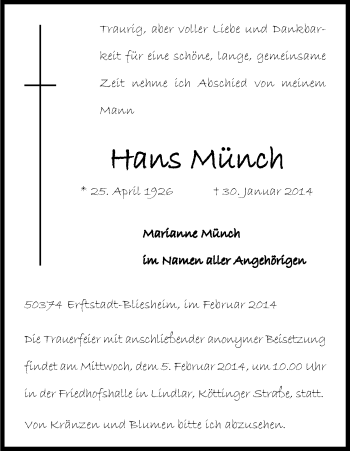 Anzeige von Hans Münch von Kölner Stadt-Anzeiger / Kölnische Rundschau / Express
