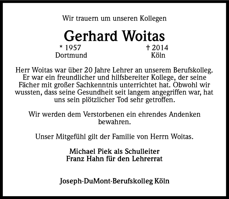  Traueranzeige für Gerhard Woitas vom 01.02.2014 aus Kölner Stadt-Anzeiger / Kölnische Rundschau / Express