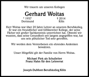 Anzeige von Gerhard Woitas von Kölner Stadt-Anzeiger / Kölnische Rundschau / Express