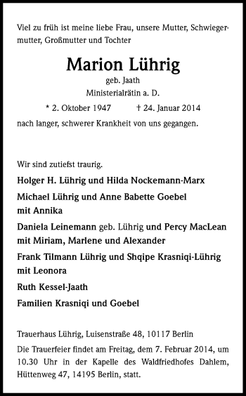 Anzeige von Marion Lührig von Kölner Stadt-Anzeiger / Kölnische Rundschau / Express